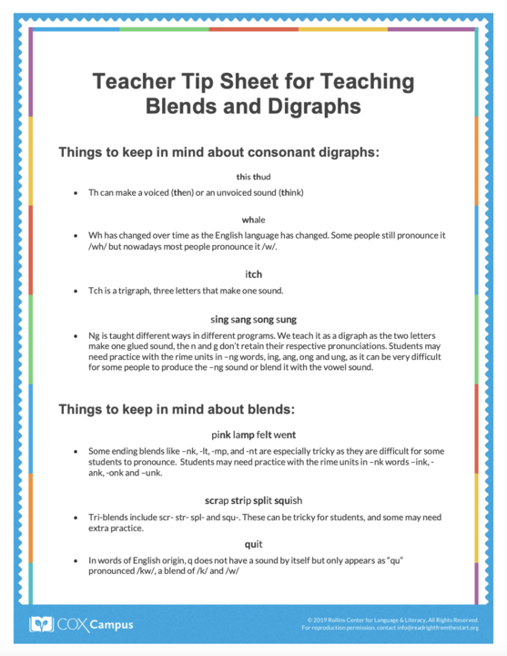 Teacher Tip Sheet for Teaching Blends and Digraphs