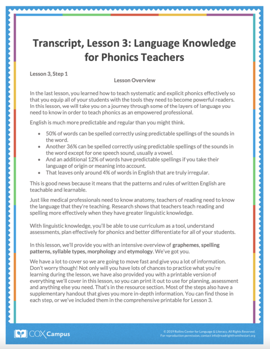 Lesson 3 Printable Transcript: Language Knowledge for Phonics Teachers