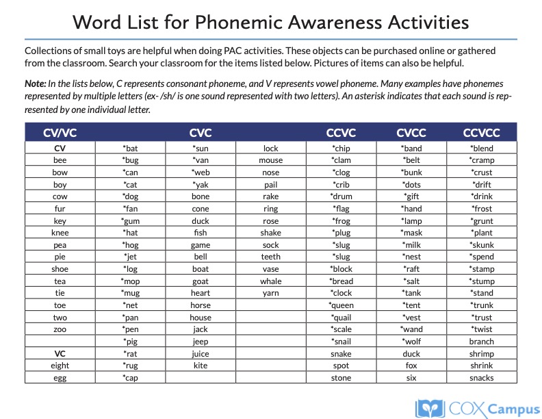 Word List for Phonemic Awareness Activities