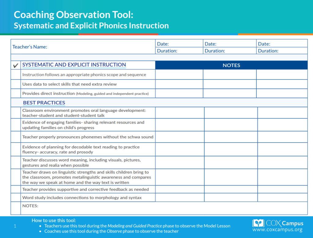 Coaching Observation Tool: Systematic and Explicit Phonics Instruction