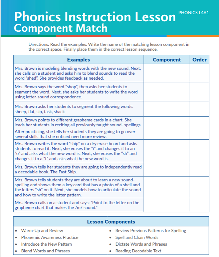 Phonics Instruction Lesson: Component Match