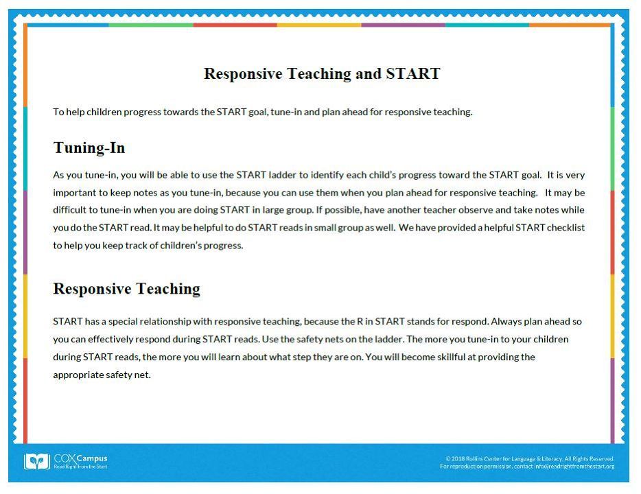 Tuning-In and Responsive Teaching for START Teaching Aid