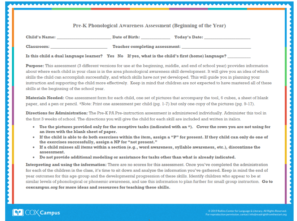 Beginning of the Year Pre-K Phonological Awareness Assessment (Fillable)