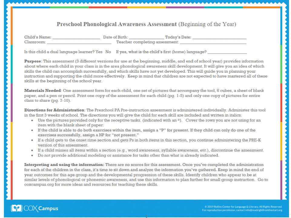Beginning of the Year Preschool Phonological Awareness Assessment (Fillable)